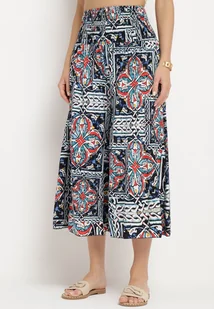 Granatowe Bawełniane Spodnie Culotte z Wysokim Stanem i Gumką w Talii w Boho Stylu Olovia - Spodnie damskie - miniaturka - grafika 1
