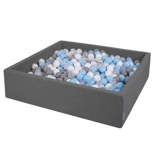 KiddyMoon Suchy basen kwadratowy z piłeczkami 7cm 120x30 ciemnoszary: szary-biały-transparent-babyblue 120x30/300piłek Zabawka basen piankowy - Zabawki do kąpieli - miniaturka - grafika 1