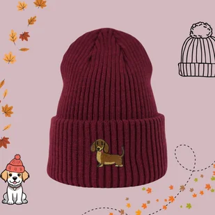 A Haftowana czapka beanie - JAMNIK - bordowa - Czapki damskie - miniaturka - grafika 1