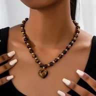 Wisiorki - TEMU Biżuteria z Kamienia Tygrysiego Oka - Naszyjnik z Wisiorkiem w Kształcie dla Kobiet, Elegancka Biżuteria Vintage z Złotobrązowymi Paskami, Na Co - miniaturka - grafika 1