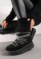 Śniegowce damskie - Czarne Wsuwane Śniegowce na Grubej Podeszwie Zdobione Futerkiem i Imitacją Sznurówek Avadira - miniaturka - grafika 1