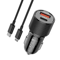 Ładowarki samochodowe - Ładowarka Samochodowa (Usb Typ C Pd + Usb Qc3.0) + Kabel Usb-C - Apple Lightning 1M Kakusiga Ksc-678 Czarna - miniaturka - grafika 1