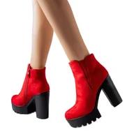 Botki damskie - Czerwone botki na słupku eko-zamsz Indiprete - ButyModne - miniaturka - grafika 1