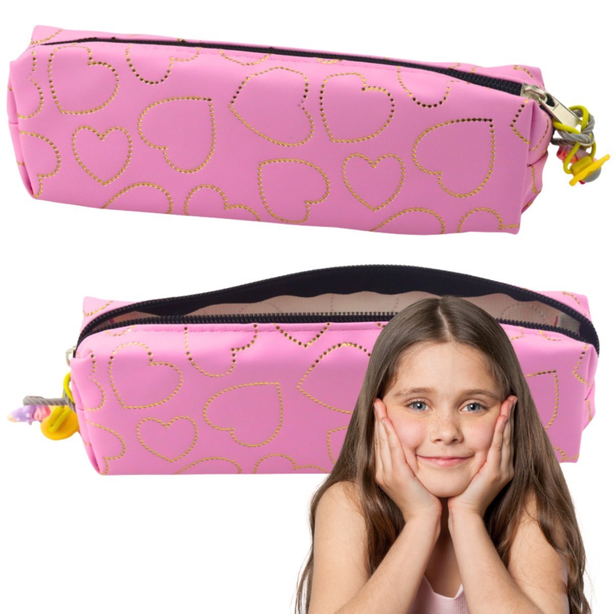 Piórnik Szkolny Biurowy Jednokomorowy Złote Serca Różowy 20x6,5 cm