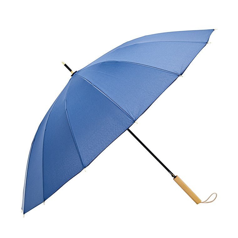 Parasol typu laska z prostą drewnianą rączką 16 szprych niebieski