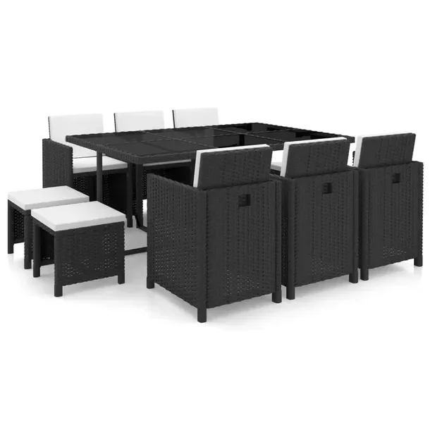 Stylowy zestaw mebli rattanowych czarny z kremowymi poduszkami, 1 stół, 6