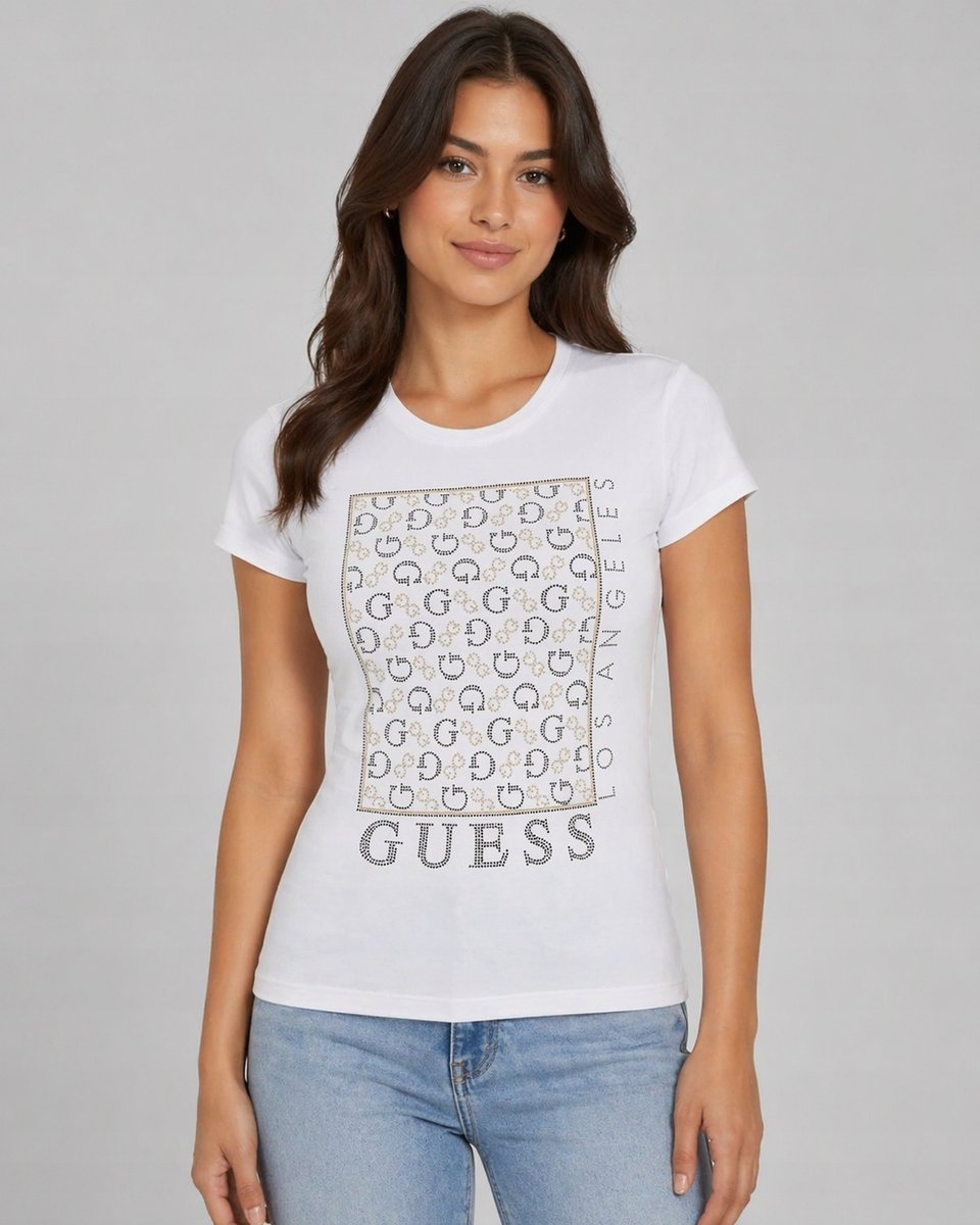GUESS BIAŁY T-SHIRT Z CEKINAMI Z OKRĄGŁYM DEKOLTEM L 12CA