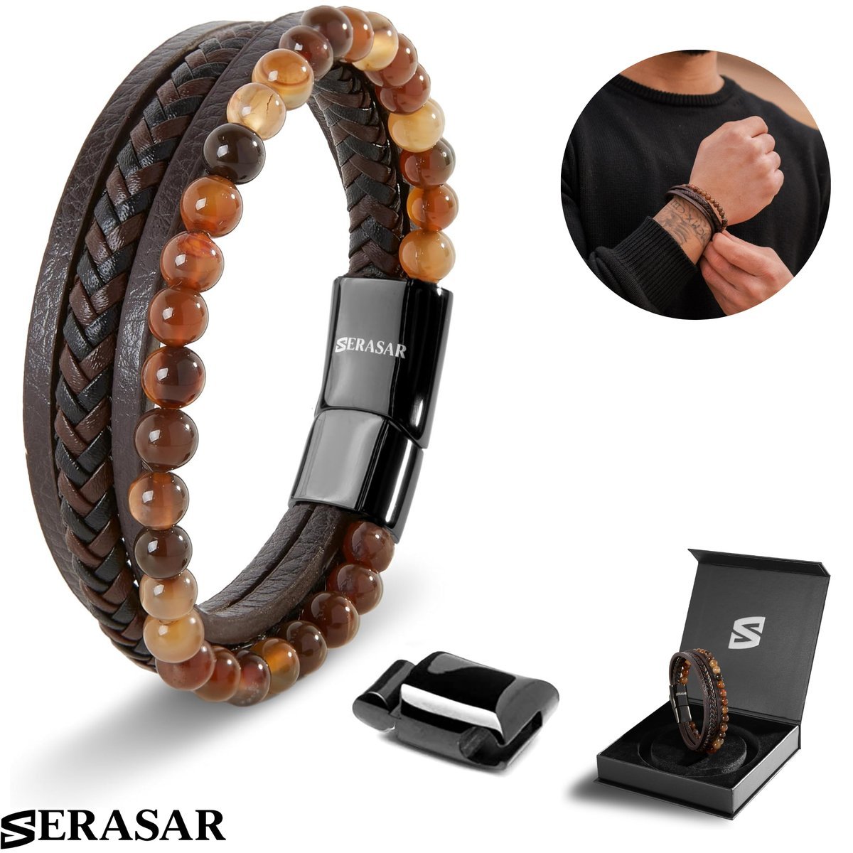 SERASAR, Premium Oryginalna Skórzana Bransoletka Dla Mężczyzn [Stone] w Brązie, Koraliki z Kamienia Naturalnego, 17 cm, Zapięcie Magnetyczne Ze Stal..
