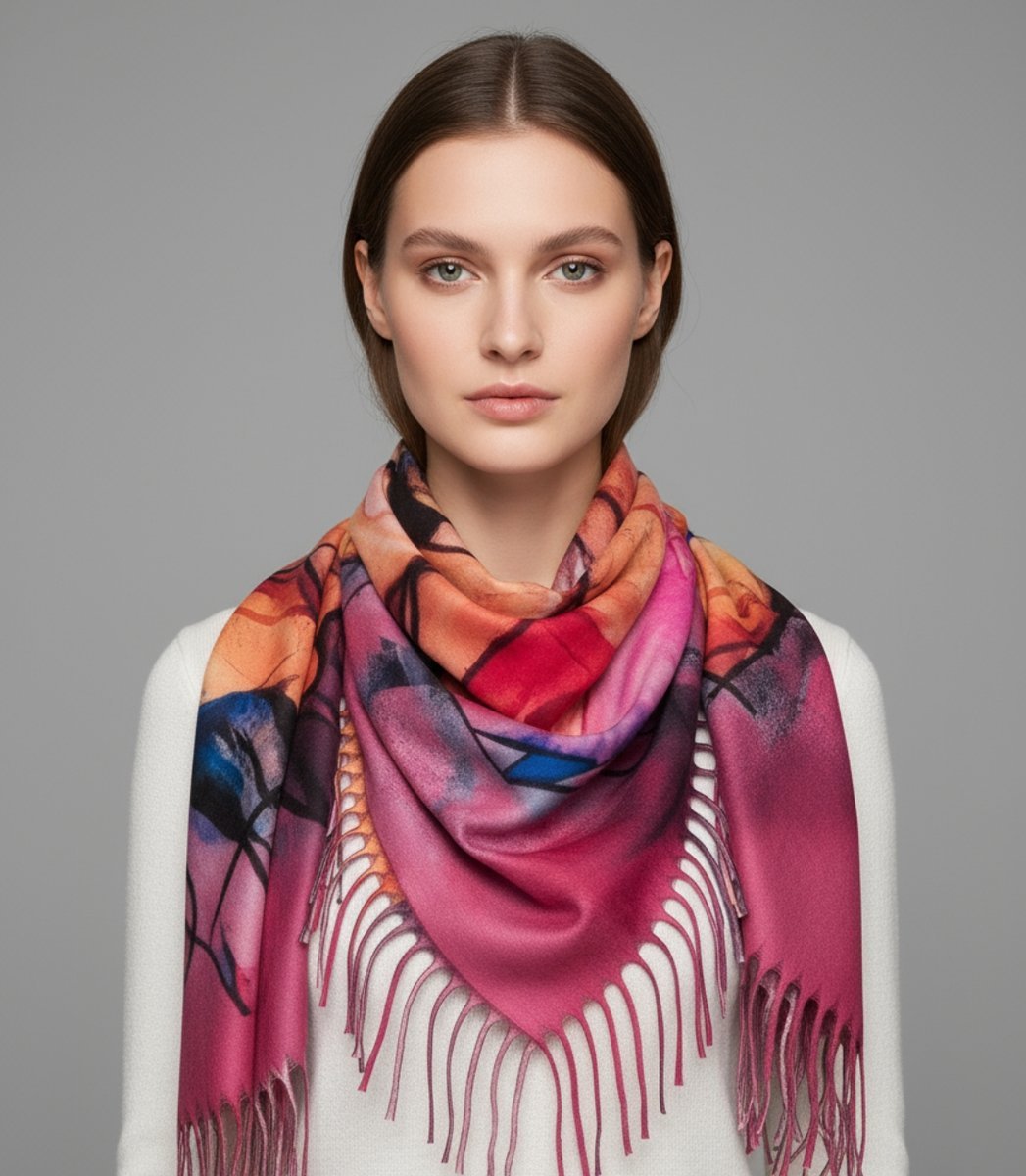 Chusta szal szalik abstrakcyjna wielokolorowa elegancka z frędzlami