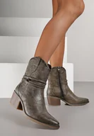 Botki damskie - Ciemnobeżowe Botki w Stylu Kowbojek na Stożku Zdobione Rzemykiem Mionadia - miniaturka - grafika 1