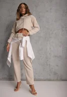 Dresy damskie - Beżowy 2-częściowy Komplet Dresowy z Bluzą i Spodniami Orifira - miniaturka - grafika 1