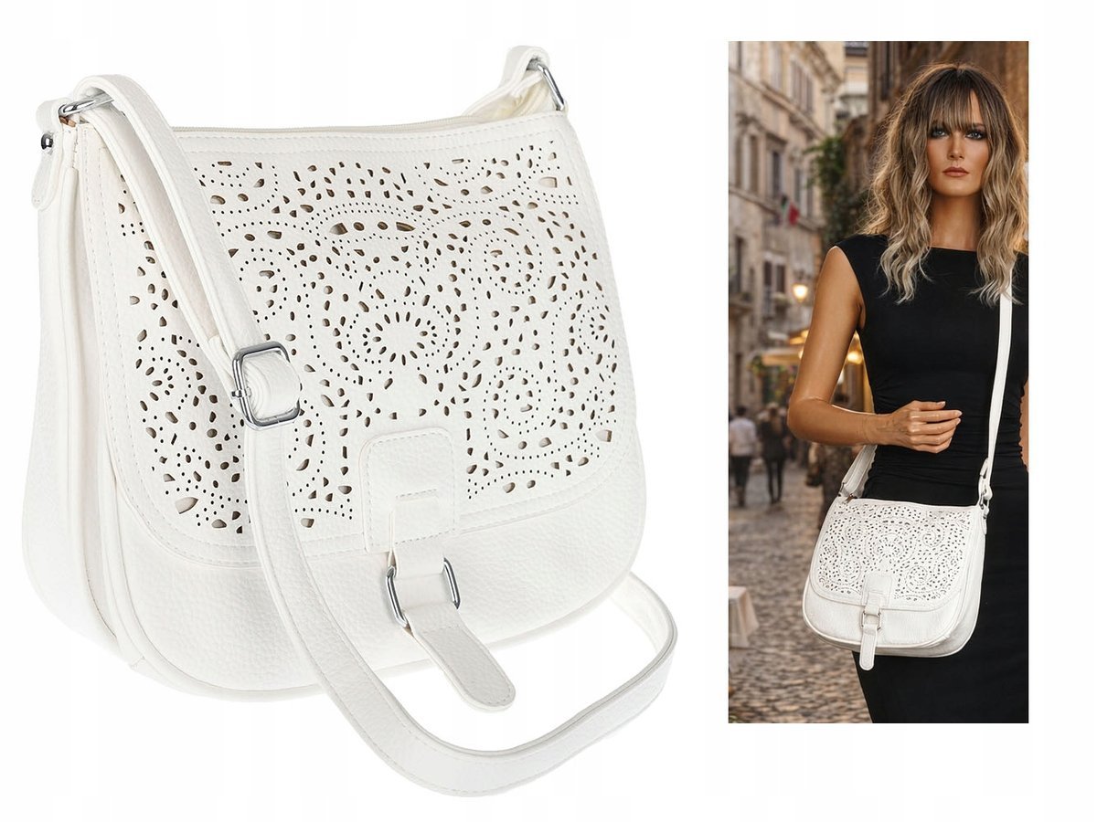 Torebka damska HERISSON pojemna ażurowa Listonoszka 15B322 Biała