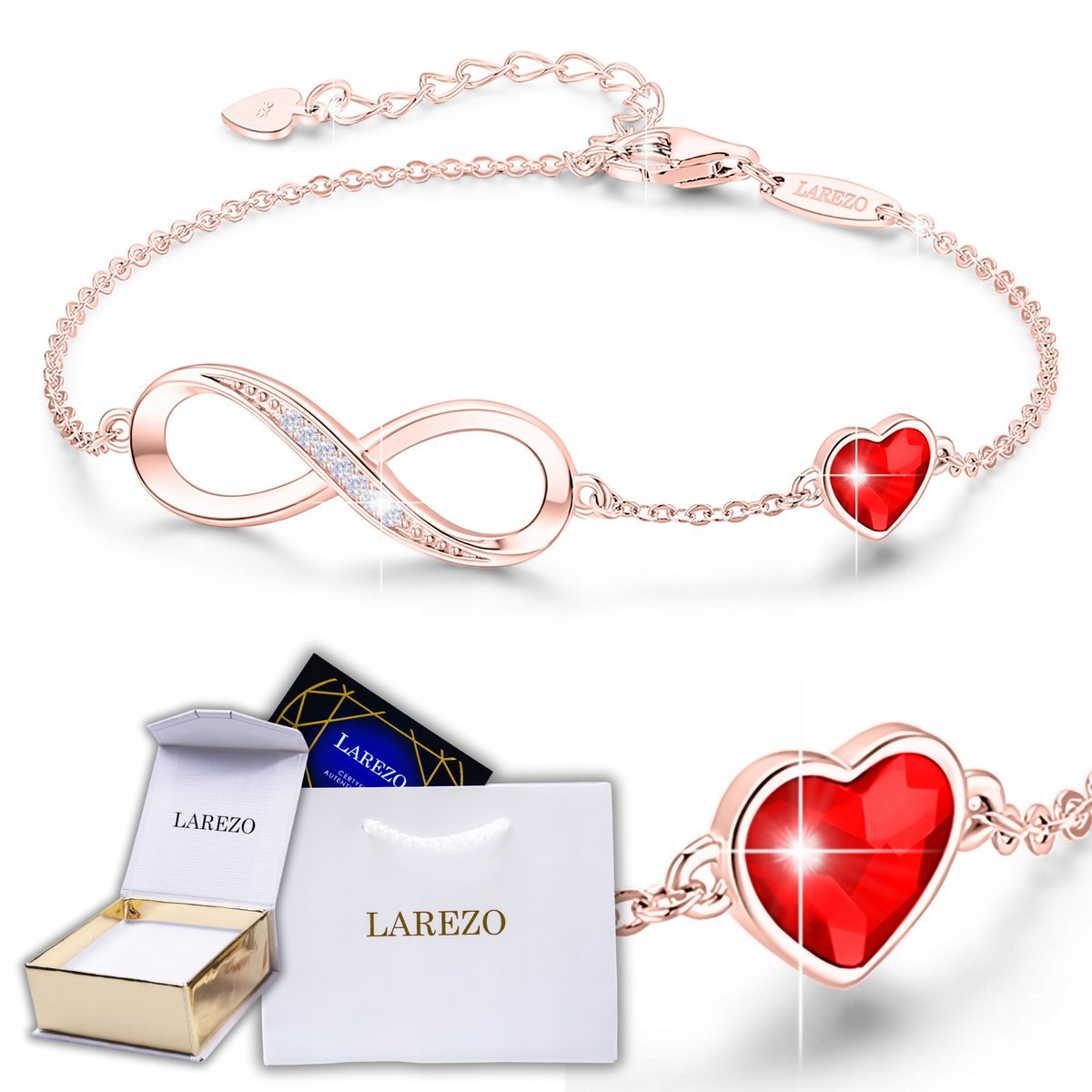 Bransoletka Pozłacana z Nieskończonością Czerwona Cyrkonia Serce SREBRO 925
