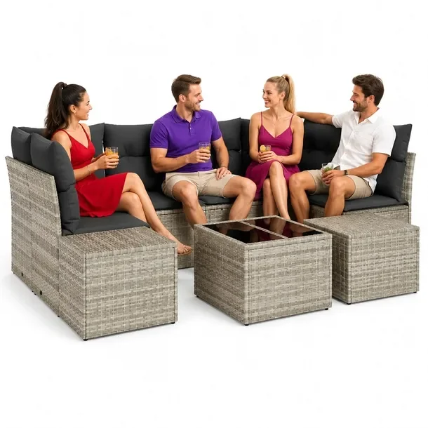 Zestaw Sofa Ogrodowa Narożna z Poly Rattanu Jasnoszary, 7 Elementów