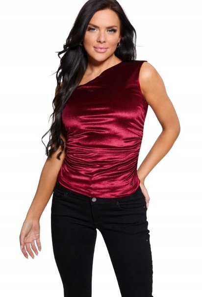 GUESS BORDOWA DOPASOWANA BLUZKA Z MARSZCZENIAMI NA RAMIĘ M GNA