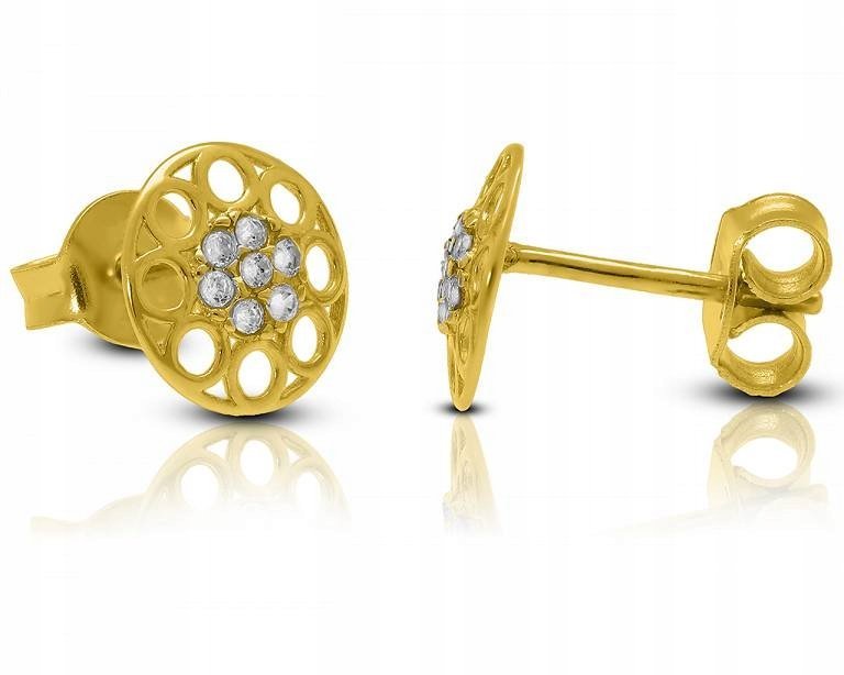 Złote Kolczyki 585 Sztyfty Okrągłe Damskie Ażurowe Subtelne Cyrkonie