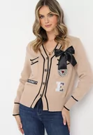 Swetry damskie - Beżowy Wiskozowy Kardigan Zapinany na Guziki z Cekinami Naszywkami oraz Cyrkoniami Evalo - miniaturka - grafika 1