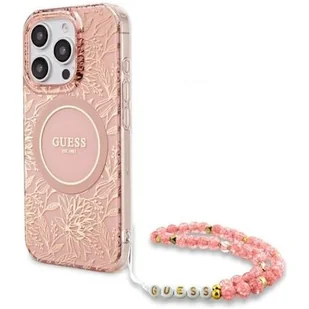 Etui GUESS IML Flowers Allover Electro With Pearl Strap MagSafe do Apple iPhone 16 Pro Max Różowy - Etui i futerały do telefonów - miniaturka - grafika 1