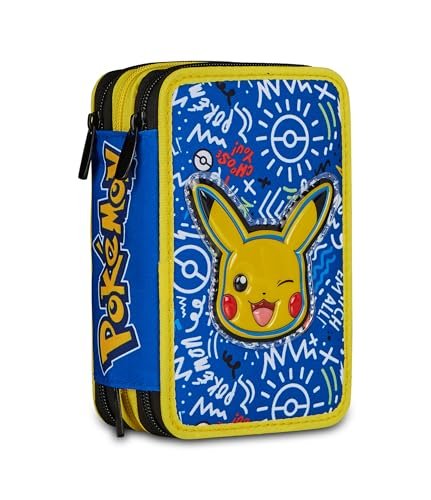 Seven Pokemon Piórnik z zamkiem błyskawicznym 3 przegródki, w komplecie z ołówkami, markerem, kolorami, akcesoria do plecaka, podstawowy, średni, top, pikachu, dla dzieci i dziewcząt, żółty/niebieski