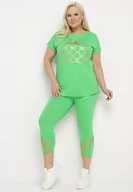 Dresy damskie - Zielony Bawełniany Komplet w Sportowo-Casualowy Legginsy Kolarki i T-shirt z Nadrukiem Celka - miniaturka - grafika 1