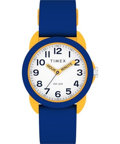 Timex Zegarek dla Dzieci Time Machines 30 mm, Niebieski Silikonowy Pasek, Czarna Tarcza, Żółta Obudowa TW2W92100