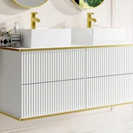 Szafki łazienkowe - Szafka łazienkowa wisząca w paski ze złotą okleiną i podwójną umywalką nablatową – biała – 120 cm – KELIZA - miniaturka - grafika 1