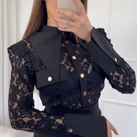 Koszule damskie - TEMU Seksowna Bluzka z Kołnierzykiem i Długim Rękawem - Jednokolorowa, Półprzezroczysta Koszula, Możliwość Prania w Pralce, Idealna do Biura, na - miniaturka - grafika 1