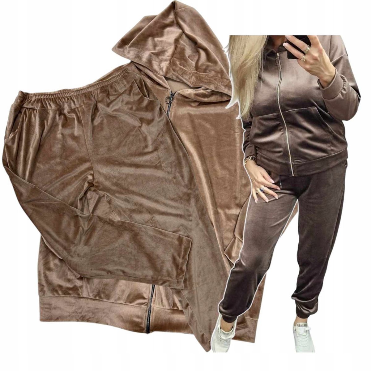 Dres Damski Welurowy 58 60 7xl 8xl Rozpinany beż bez uciskowa nogawka