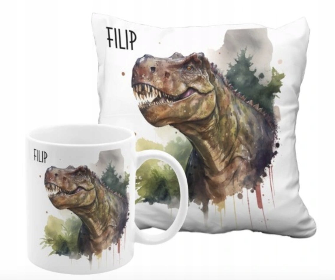 ZESTAW PODUSZKA + KUBEK Prezent DINOZAURY T-REX Z DINOZAURAMI + IMIĘ 44