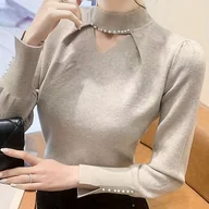 Swetry damskie - TEMU Sweter damski z długim rękawem i wycięciem na szyję, jednokolorowy - , jesień/ - miniaturka - grafika 1