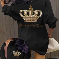 Koszule damskie - TEMU Elegancka bluzka damska z długim rękawem i nadrukiem Korony i Królowej Wszystkiego - ze złotymi napisami, tłem, okrągłym dekoltem, idealna na co - miniaturka - grafika 1
