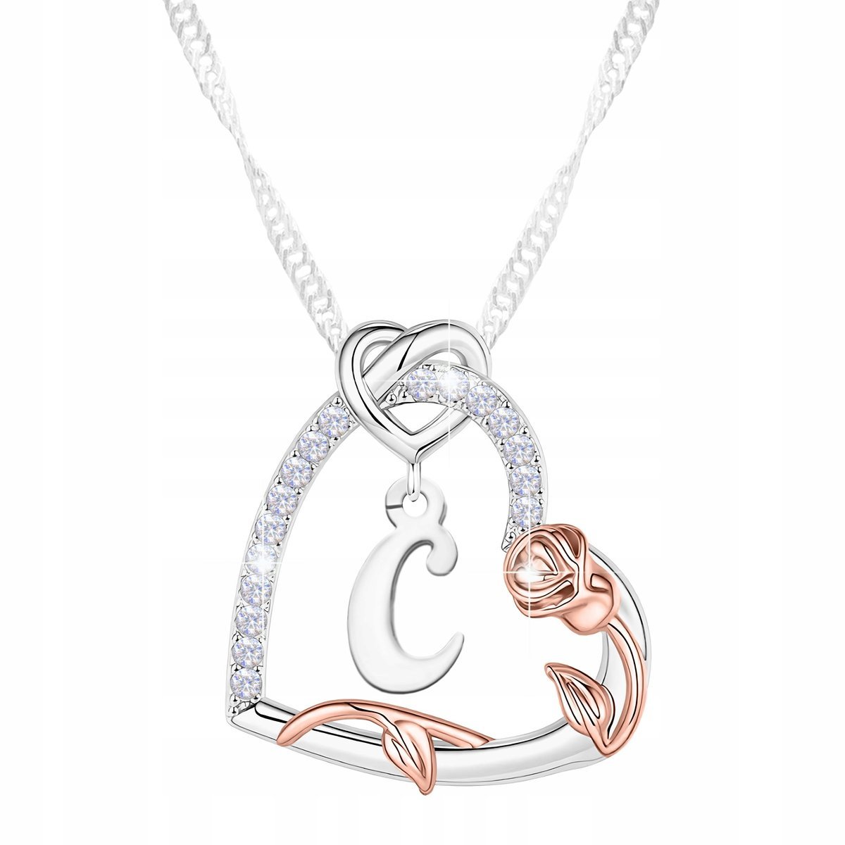 Naszyjnik Srebrny Serce z Literką C Kwiat Róża Cyrkonie Miłość SREBRO 925