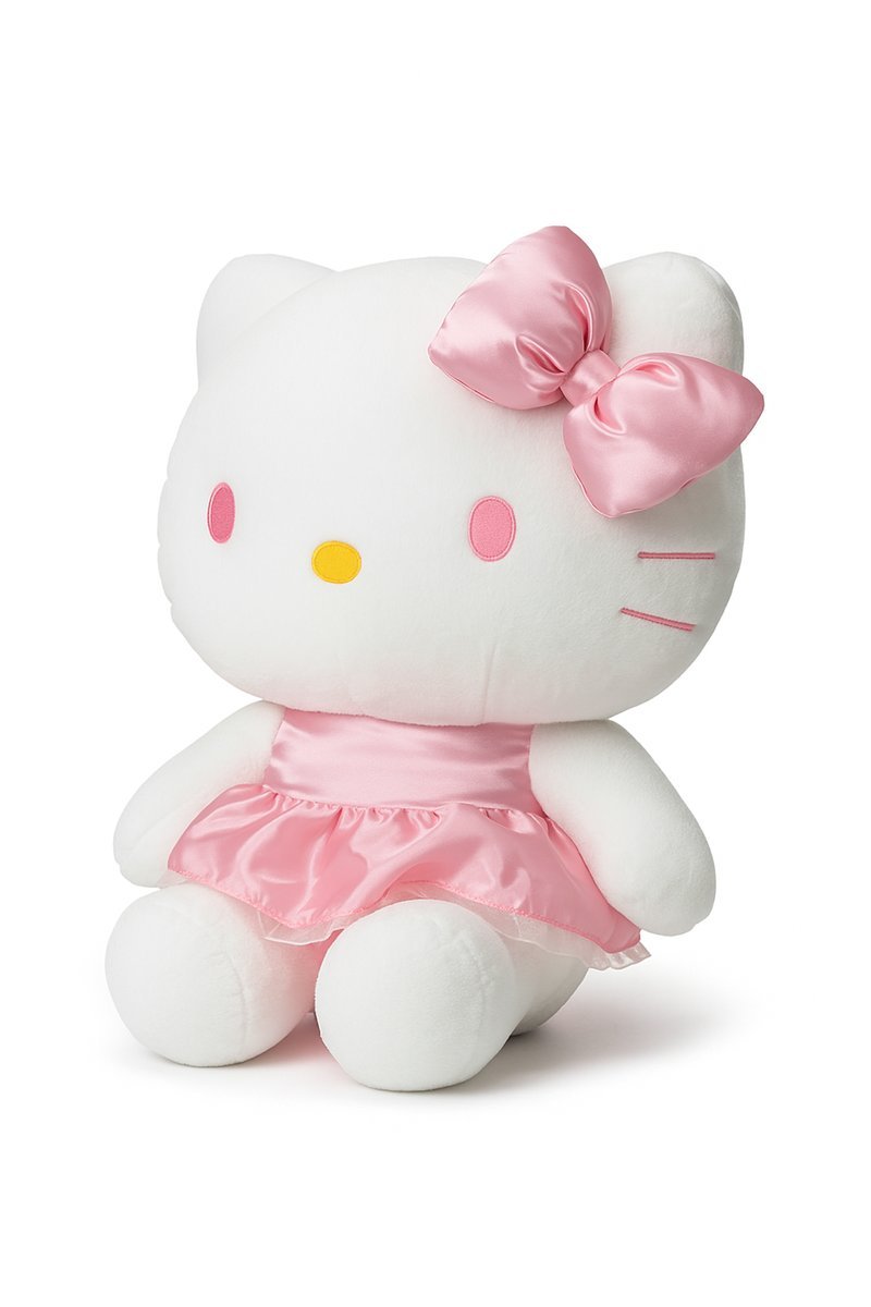 DUŻA MASKOTKA KOTKA 50 CM – RÓŻOWA SUKIENKA I KOKARDA – PRZYTULANKA