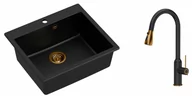 Zlewozmywaki z baterią - Quadron Zlewozmywak granitowy jednokomorowy 57*50*22 cm MORGAN 110 PURE CARBON czarny z miedzianym odpływem z baterią JESSICA Q LINE PURE CARBON z wyciąganą wylewką i funkcją prysznica kolor czarny mat/wykończenie miedź - miniaturka - grafika 1