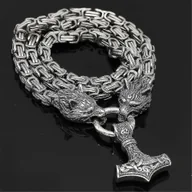 Naszyjniki męskie - Stal nierdzewna Viking Wolf Head Doubles Kolor Thor S Hammer Wisiorek Skórzany Łańcuch Męski Naszyjnik Biżuteria Stali 70cm - miniaturka - grafika 1