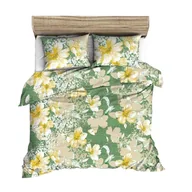 Pościel - Pościel z kory 200x220 zielona duże żółte beżowe rysowane kwiaty - miniaturka - grafika 1