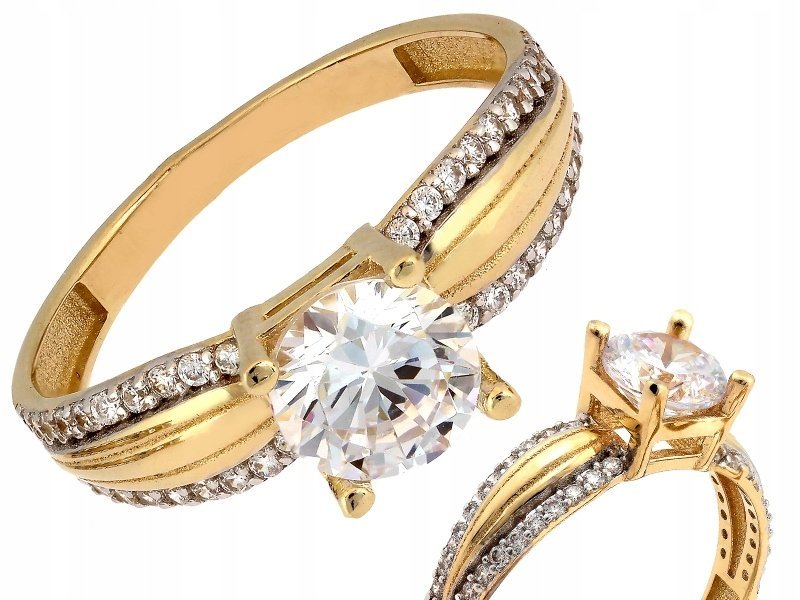 Elegancki pierścionek 585 14kt z cyrkoniami z żółtego i białego złota 2.62g