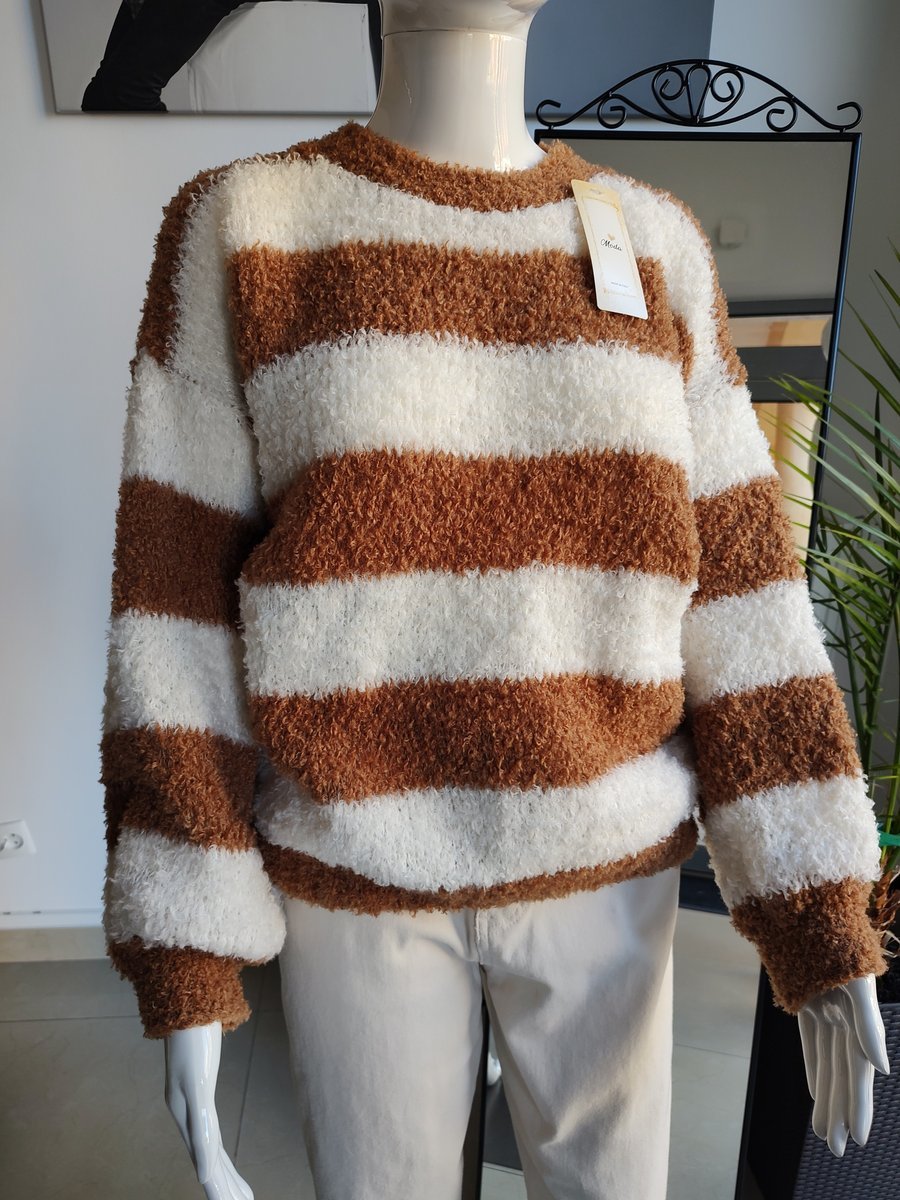 Sweter baranek w paski z Baby Alpaca - kamel One size