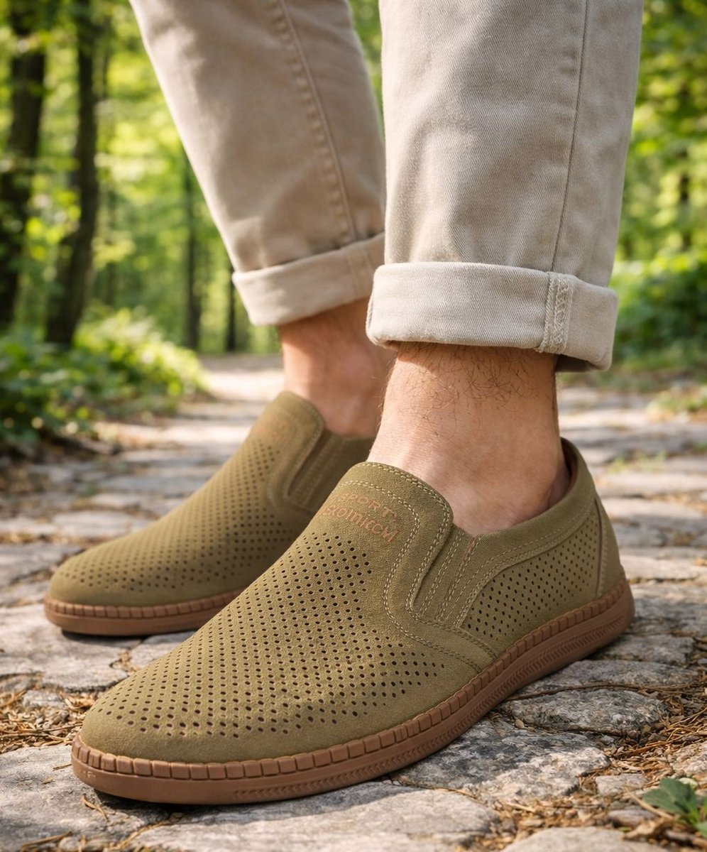 Mokasyny męskie ażurowe półbuty khaki P-4-7034 rozmiar: 42