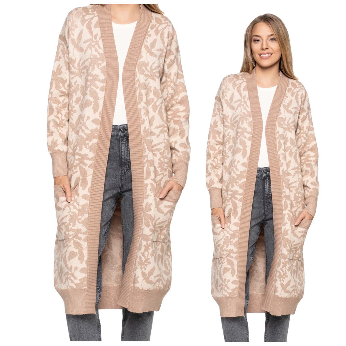 Kardigan Damski Narzutka Długi Sweter z Kieszeniami Ciepły Moraj 2xl/3xl