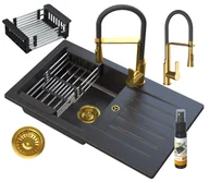 Zlewozmywaki z baterią - Zlew Granitowy Zestaw Kran Złoty Syfon Ociekarka - miniaturka - grafika 1