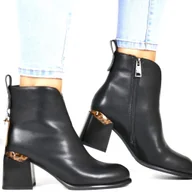 Botki damskie - DAMSKIE BOTKI SKÓRZANE NA OZDOBNYM OBCASIE PANTERKA VINCEZA 66811 CZARNE - miniaturka - grafika 1