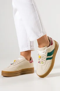 Beżowe sneakersy damskie buty sportowe na platformie podwójne sznurówki z ozdobami Casu L-526 - Półbuty damskie - miniaturka - grafika 1