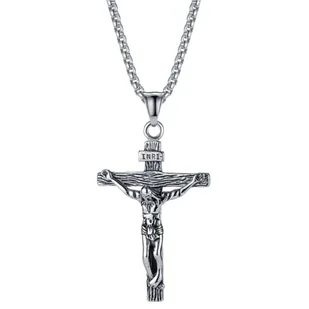 Naszyjnik Męski Stal Chirurgiczna Krzyż Jezus Srebrny - Naszyjniki - miniaturka - grafika 1