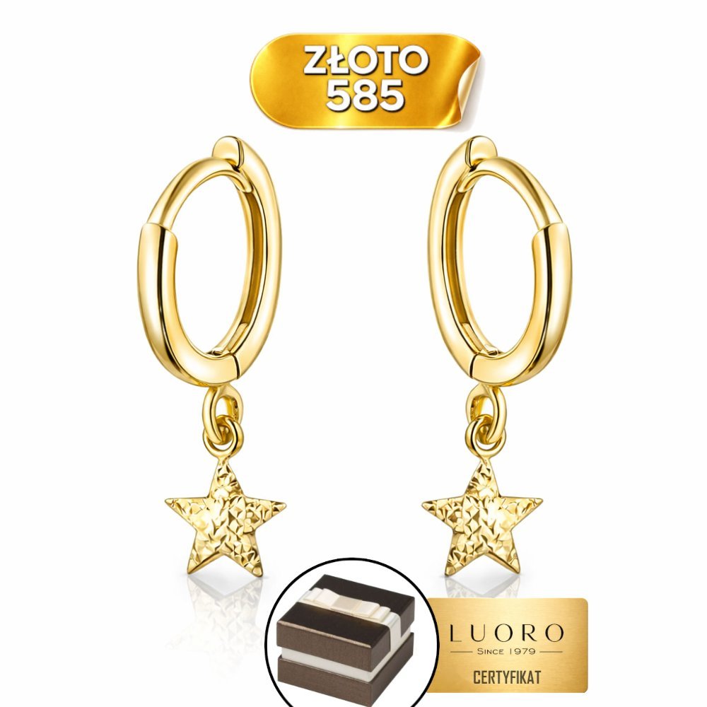 KOLCZYKI ZŁOTE 585 14K KÓŁECZKA Z DIAMENTOWANĄ GWIAZDKĄ 21 MM KREOL