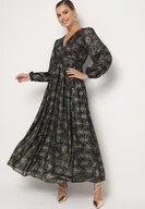 Sukienki - Czarna Sukienka o Rozkloszowanym Kroju z Gumką w Talii Zdobiona Metalicznym Nadrukiem Venalenne - miniaturka - grafika 1