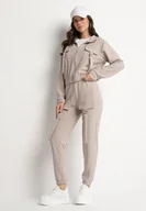 Spodnie sportowe damskie - Beżowy Komplet Dresowy Bluza Rozpinana i Spodnie Slim w Stylu Utility Telavienna - miniaturka - grafika 1