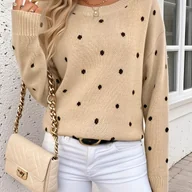 Swetry damskie - TEMU Elegancki sweter damski w kropki w stylu retro - miękki sweter z długim rękawem i okrągłym dekoltem, przytulny sweter na jesień/zimę do - miniaturka - grafika 1