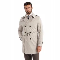 Płaszcze męskie - Elegancki męski płaszcz beżowy trencz klasyczny Ombre OM-COSC-0126 V1 r XL - miniaturka - grafika 1