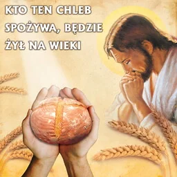 Baner na Boże Ciało "Kto ten chleb spożywa, będzie żył na wieki" 150x150 cm - Ikony i obrazy sakralne - miniaturka - grafika 1